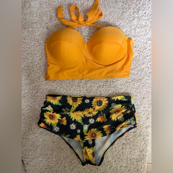 None Other - Sunflower High-Waist Bikini Set - Yellow Top & Black Floral Bottom NWOT